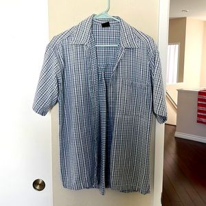 Plaid button up shirt, blue and green